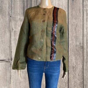 Vtg Y2K Chantik Jacket Embellished Handmade Button Front Boho Burlap Jute